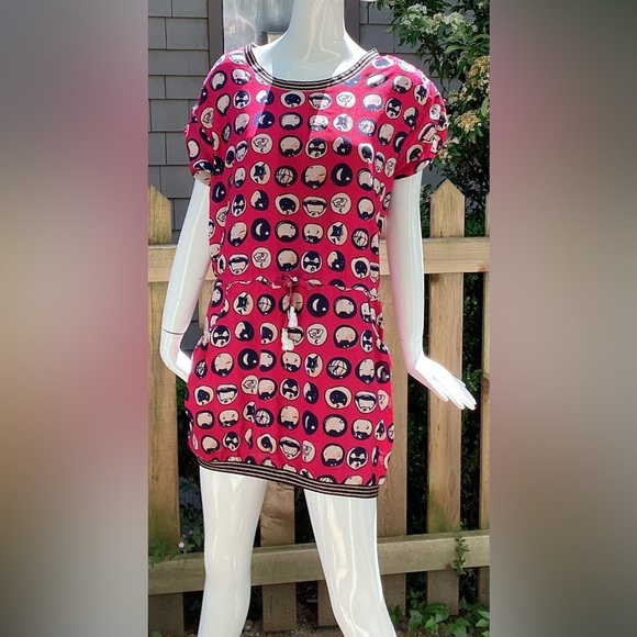 Anna Sui silk, lined dress, with drawstring waist, red with cream/black/silver. - Picture 1 of 15